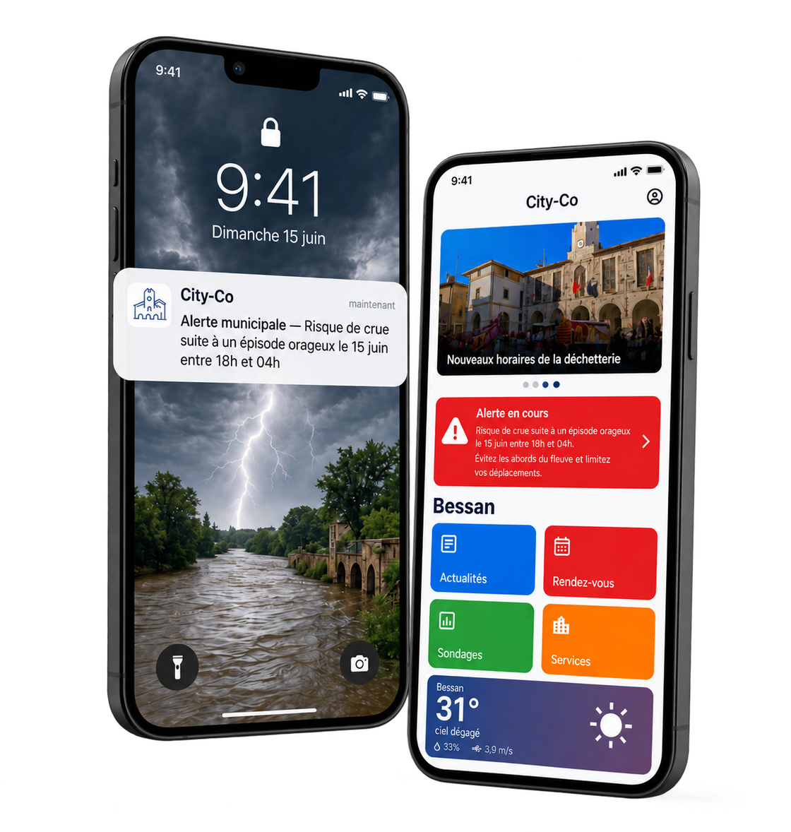 Alerte municipale City-Co affichée sur deux smartphones